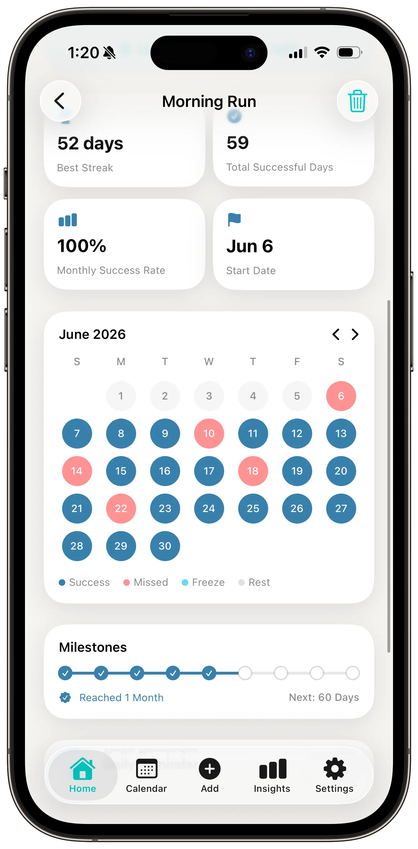Morning Run habit detail showing a full calendar month of completed runs and a one month milestone