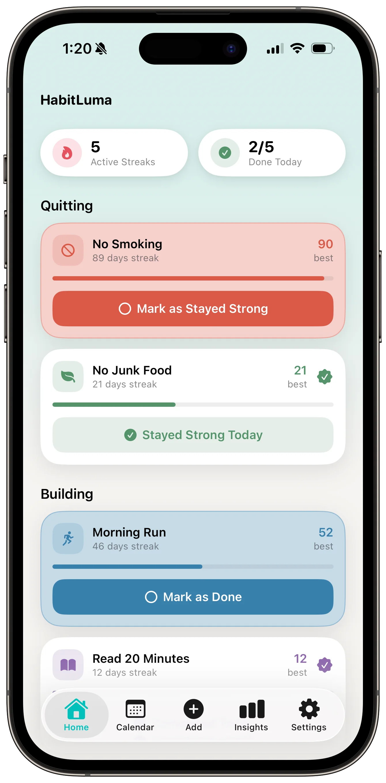 HabitLuma home screen showing five active streaks, including No Smoking at 89 days and Morning Run at 46 days